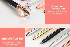 Macro shot of large diamond top decoration and smooth writing metal ballpoint pen tip