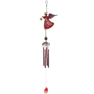 Detail view of red angel metal wind chime with colorful glass painting and hanging tubes