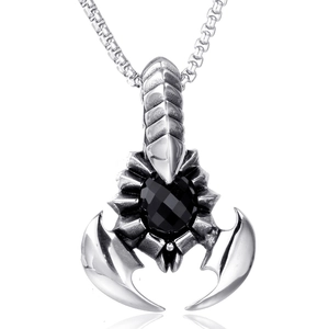 Scorpion king necklace with black gemstone pendant and silver box chain on white background