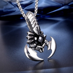 Stainless steel scorpion king pendant necklace with black faceted gemstone for men