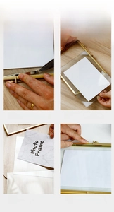 Detail showing the simple steps to insert a photo into the gold geometric metal frame