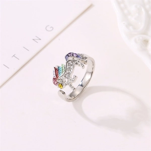 Adjustable unicorn open ring with colorful crystals and rhinestones in silver finish