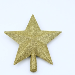 Close-up of a 3D gold glitter star tree topper with a hollow base for Christmas trees