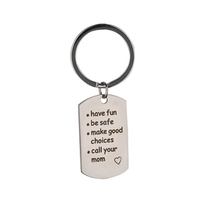 Polished metal keychain engraved with Have Fun Be Safe message and a heart symbol