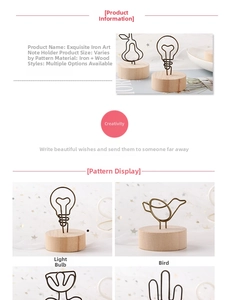 Detail of iron wire note holder with a cylindrical wooden base in various shapes