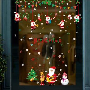 Festive Christmas window stickers with Santa, elk, and musical notes for shop decoration