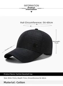 Detailed size chart for the dark gray cotton baseball cap with adjustable strap