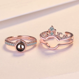 Rose gold S925 sterling silver crown 2-in-1 projection ring set with round stones