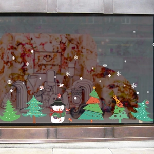 Colorful cartoon Christmas tree and snowman window decals for festive glass door decoration