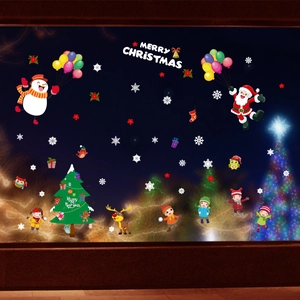 Festive Christmas window stickers with Santa, snowman, and reindeer on dark glass background