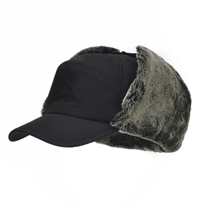 Men's winter black trapper hat with gray faux fur lining and BUFFLEX embroidery logo