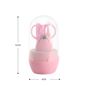 Pink 4-in-1 baby nail care kit in capsule case with safety scissors and clippers