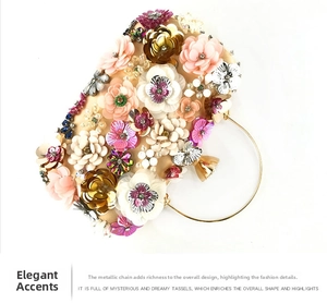 Detailed macro view of 3D floral beadwork and sequins on a luxury evening clutch bag