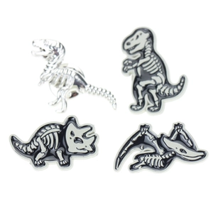Fashionable zinc alloy dinosaur skeleton enamel pin set with black and white bone details