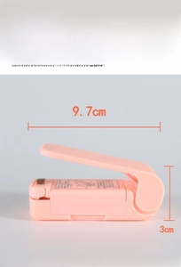 Pink portable heat sealer dimensions detail showing 9.7cm length and ABS material info