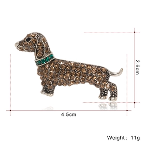 Retro Dachshund dog brooch in antique silver finish with sparkling brown rhinestones