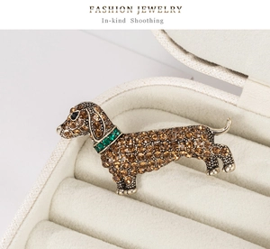 Detailed view of dachshund dog brooch with amber rhinestones on a jewelry box display