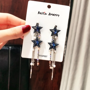Detail of blue star earrings with pearl fringe and crystals on S925 silver needles