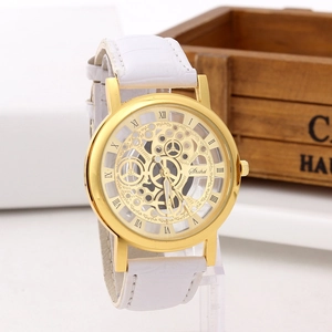 Fashion skeleton quartz watch with gold case and white crocodile leather strap