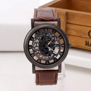 Fashion skeleton quartz watch with brown leather strap and roman numeral dial