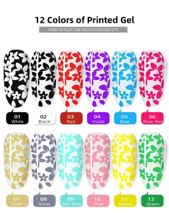 Palette de 12 gels de stamping pour ongles avec des motifs floraux sur les capsules
