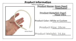 Detailed view of 8mm white faux pearl headband with flexible steel wire construction