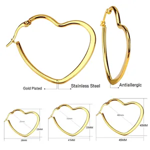 Detailed size chart for gold heart hoop earrings in three sizes with material specs