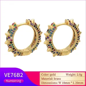 Detailed view of 18x20mm gold brass hoop earrings with multi-color micro-pave stones