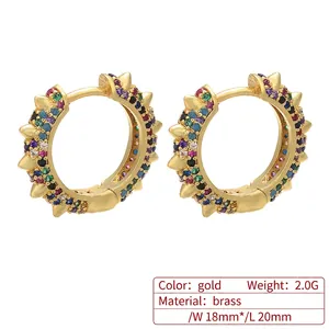 Detailed view of 18x20mm gold brass hoop earrings with multi-color micro-pave stones