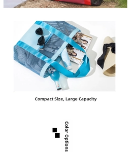 Light blue mesh beach tote showing spacious interior for sunglasses and magazines