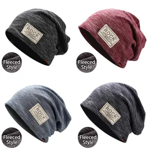 Fleece lined thick knit beanies in four colors with retro Rock patch for winter warmth