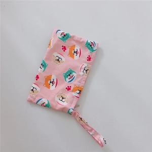 Pink Shiba Inu pattern cotton phone bag with zipper closure and convenient wrist strap