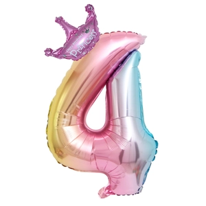 Detail of gradient number 4 foil balloon with pink crown and Happy Birthday print