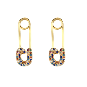 Golden safety pin earrings with multicolored cubic zirconia micro-pave inlays