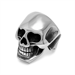 Gothic style polished stainless steel skull ring with a silver finish and 3D detailing