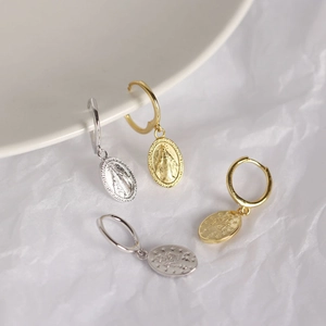 S925 Sterling Silver Saint Mary coin earrings in gold and silver finish with hoop closure