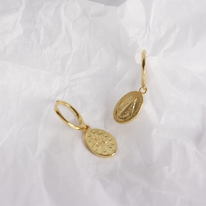 Detail of S925 sterling silver gold coin earrings featuring Virgin Mary relief