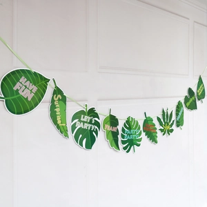 Green tropical leaf party banner featuring turtle leaves and Have Fun printed slogans