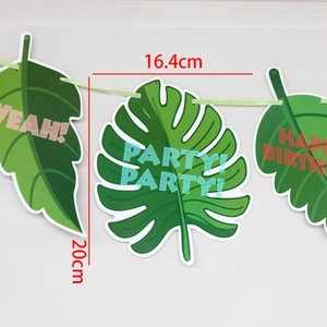 Detail of tropical monstera leaf banner with YEAH PARTY text and 16x20cm size markings