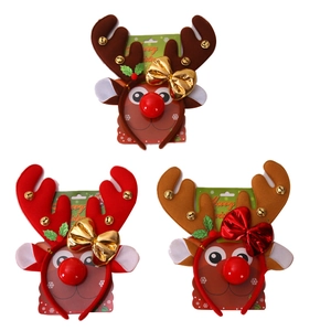 Set of 3 Christmas reindeer antler headbands with red nose and gold bell decorations
