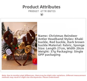Detail view of brown reindeer antler headband with golden bows and small bells for Christmas