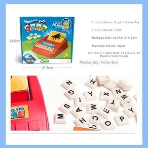 Educational word spelling game set with 30 double-sided cards and 26 letter cubes