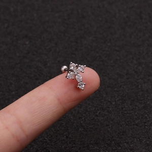 Mini boucle d'oreille croix en acier inoxydable avec cristaux et fermoir boule sur doigt