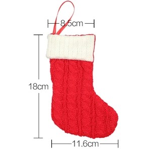 Red knit Christmas stocking with white cuff and size specs: 18cm height and 8.5cm width