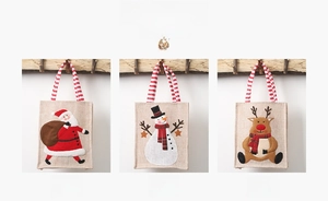 Three-grid detail of Christmas burlap tote bags featuring Santa, snowman, and reindeer icons