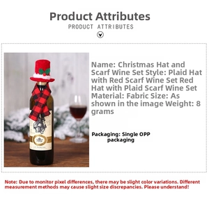 Close-up of Christmas wine bottle decor set with mini top hat and plaid scarf detail