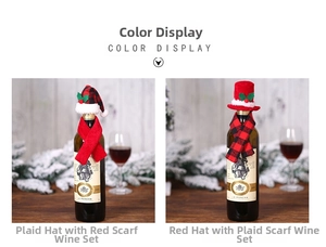 Detail of red and black plaid Christmas wine bottle hat and scarf set with holly leaf decor