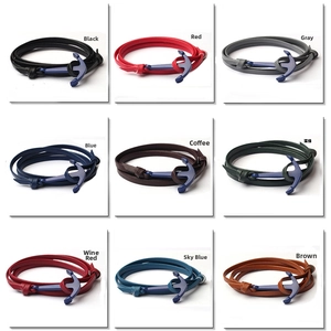 Handmade nautical leather bracelet set with blue anchor metal clasps in nine varied colors