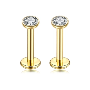 Golden stainless steel labret stud earrings with round cubic zirconia and flat back design