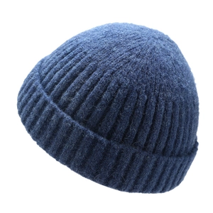 Dark blue ribbed knit docker hat for men and women showing warm winter texture